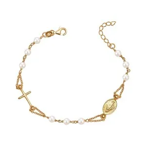 Authentic 925 Sterling Silver 14K Gold-Plated Rosary Pearl Cross Bracelet for Women Teen