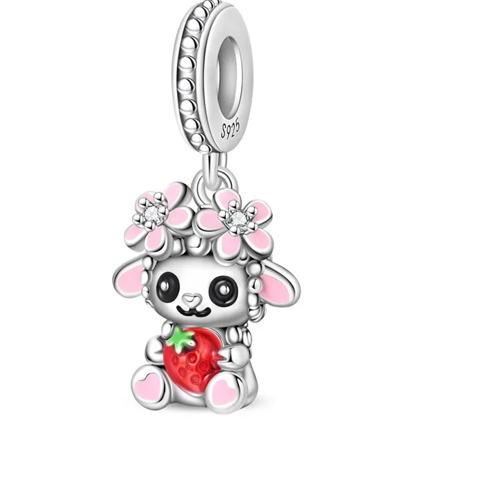 Authentic 925 Sterling Silver Popular Adorable Strawberry Lamb Charms Pendant Fit Original Bracelet DIY Teen Girls Sweet Theme BFF Birthda