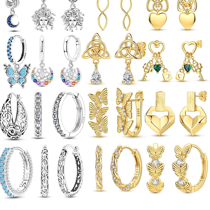 Authentic 925 Sterling Silver Hoop Earrings Butterfly Lotus Love Lock Fit Teens Female Drop Earrings Jewelry