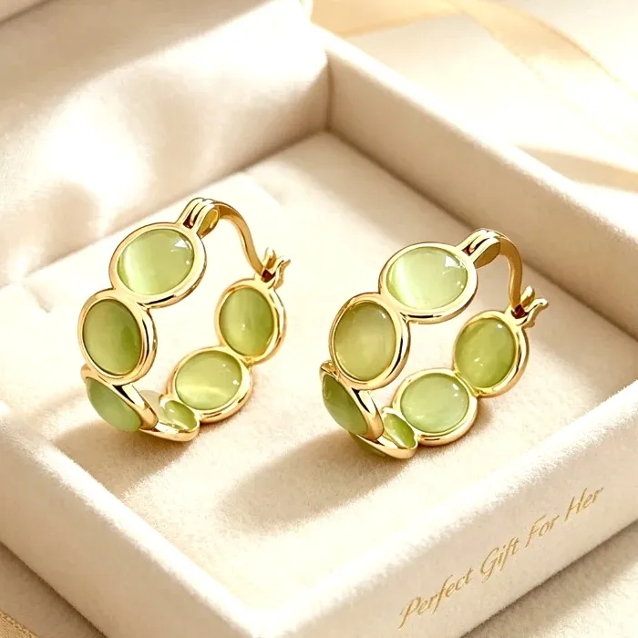Authentic Luminous Verdant Orbs: The Cat's Eye C-Shape Huggie Talismans