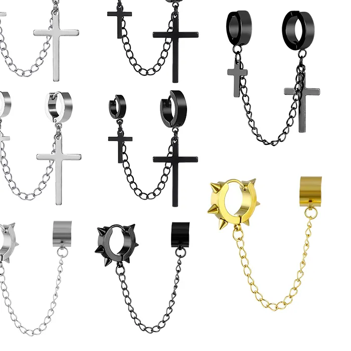 Authentic Punk One-peice Tassel Clip Earrings Cross Hoop Earrings for Women Teens Men Ear Cuffs Hip Hop Jewelry Earing Metal Chain