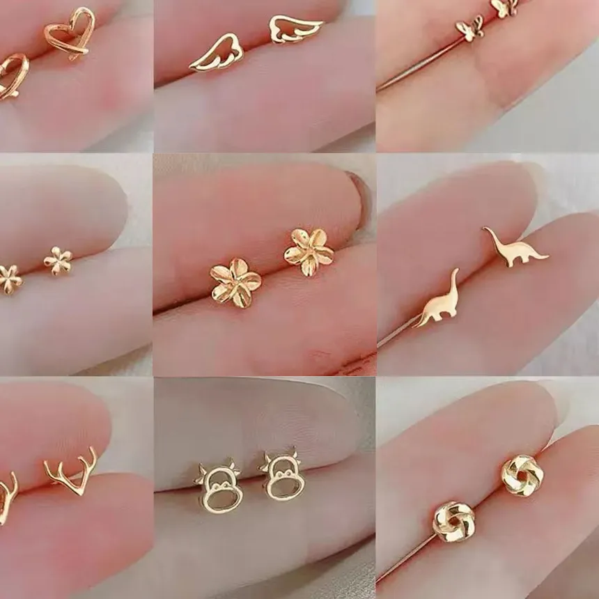 Authentic Metal Gold Color Multiple Styles Small Heart Stud Earrings for Women Korean Jewelry Daily Wear Teen Earring Jewelry