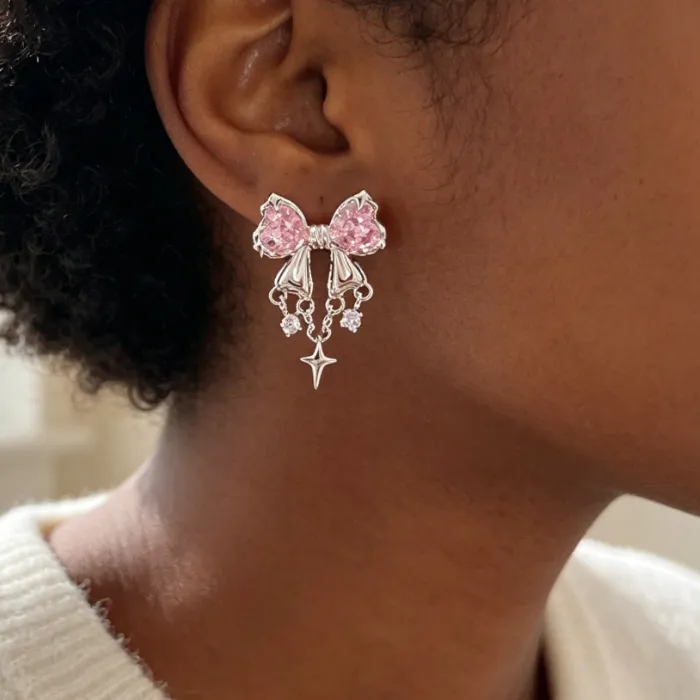 Authentic 1pair three Colors Silver Paved CZ Bow Stud Earrings Dainty Star Tassel Dangle Earring Y2K Sweet Gothic Heart Crystal Ribbon Bow Ear Jewelry for Women Teen Girls