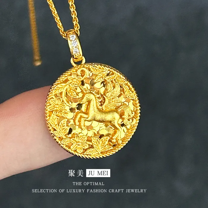 Authentic Celestial Pegasus Pendant Crushed Ice Flower Necklace In Pure Gold Radiance