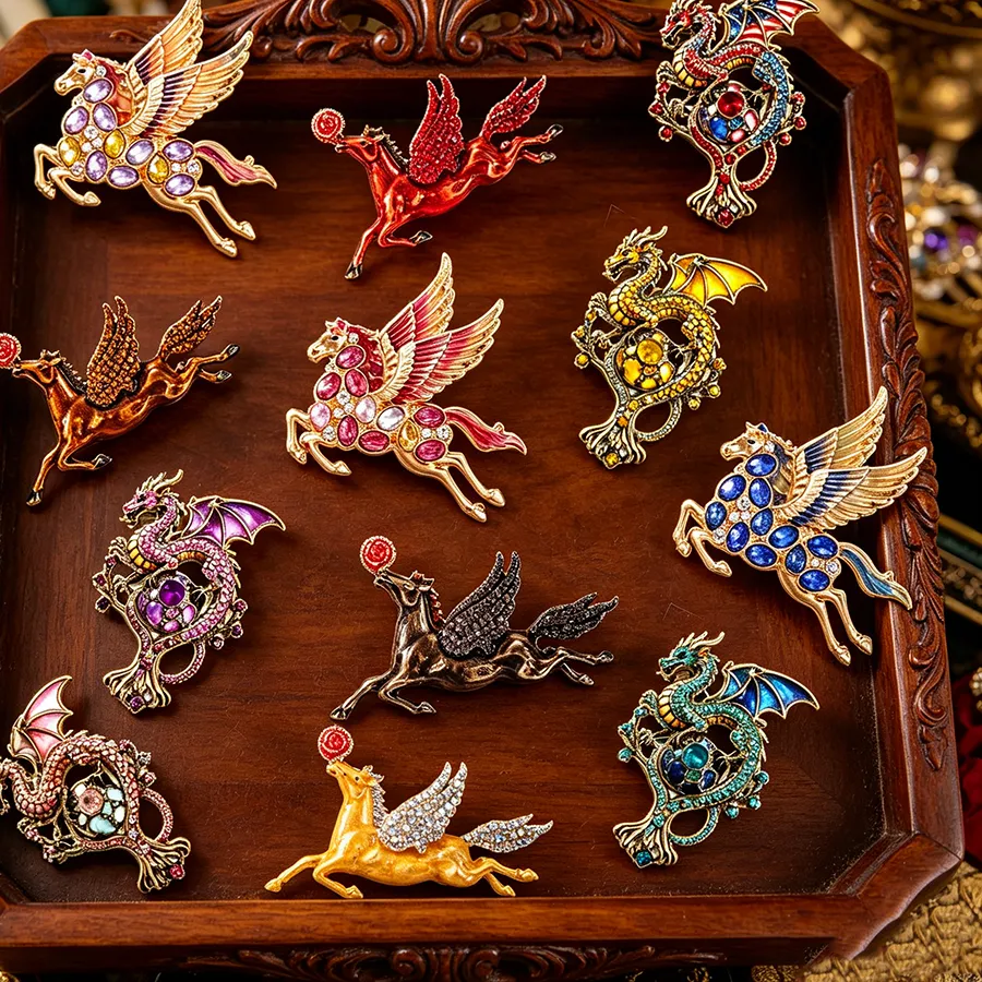 Authentic Pegasus & Dragon Brooch Rhinestone Enamel Mythical Animal Lapel Pins, Fantasy Badges Jewelry Accessories