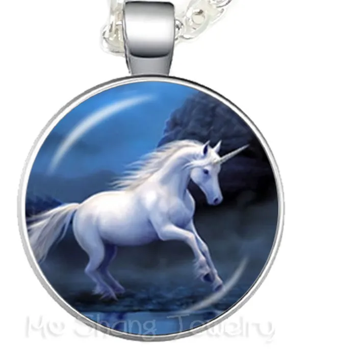 Authentic Unicorn 25mm Glass Cabochon Necklace White Horse Pendant Pegasus Jewlery For Men Women Sweater chain