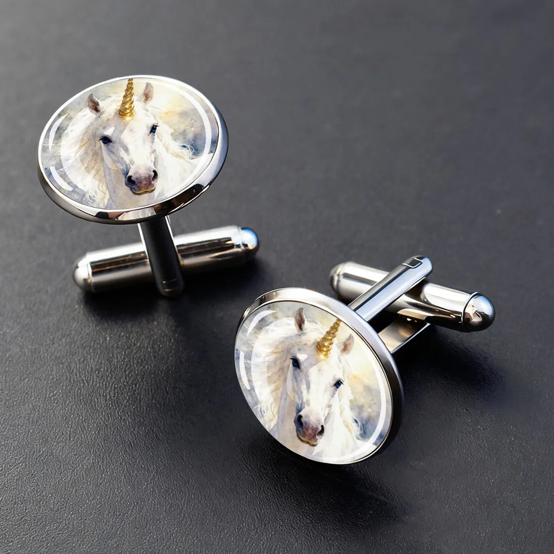 Authentic Unicorn Pegasus Pattern Glass Cabochon Cufflinks French Shirt Cuff Links Art Print Business Jewelry