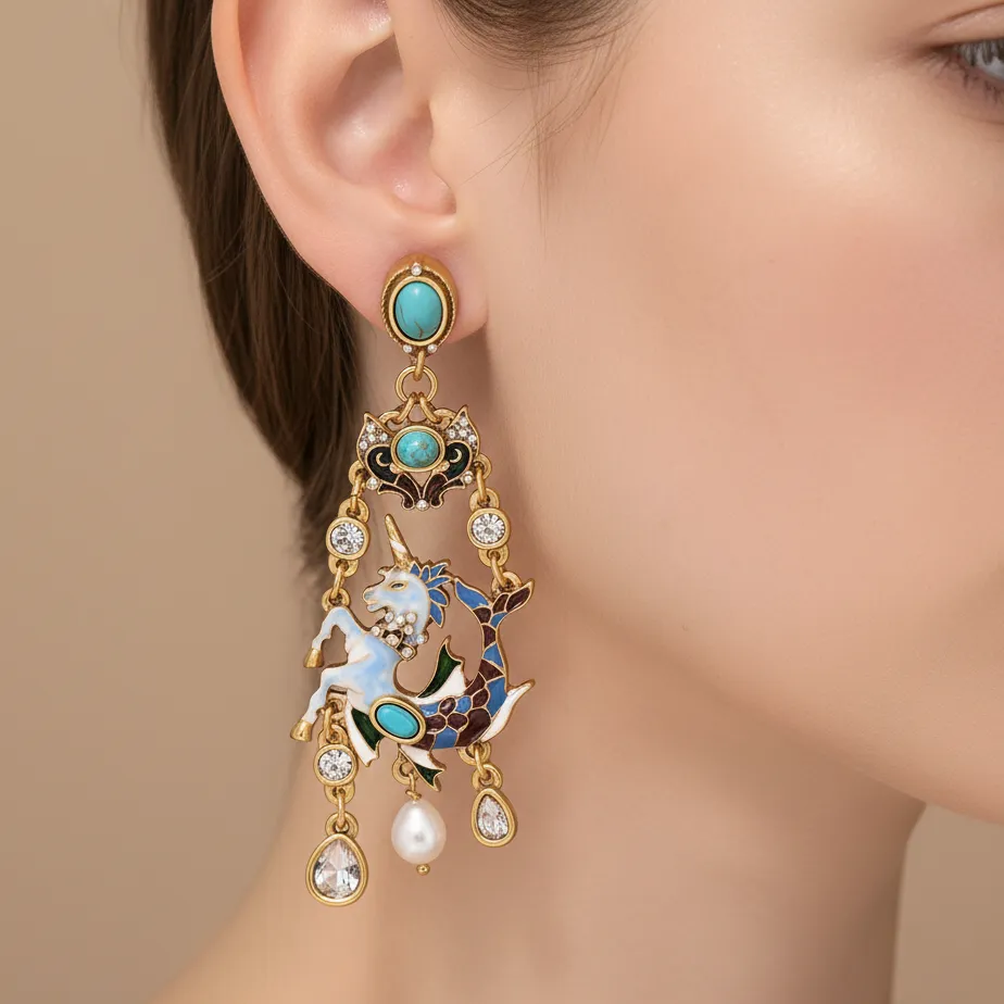 Authentic Vintage Enamel Pegasus Drop Earrings for Women - Ethnic Style 18K Gold Plated Turquoise Stone Dangle Earrings Party Jewelry