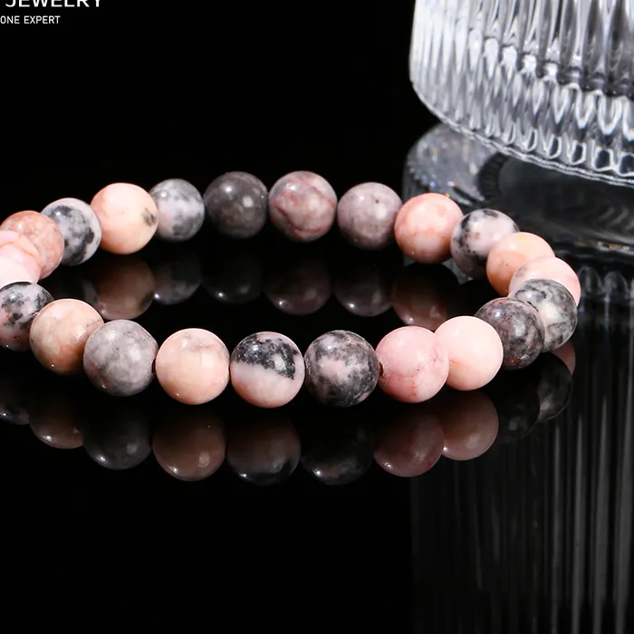 Authentic Jd Natural Stone Pink Zebra Jasper Round Bead Bracelet Chakra Healing Stretch Bangle Yoga Meditation