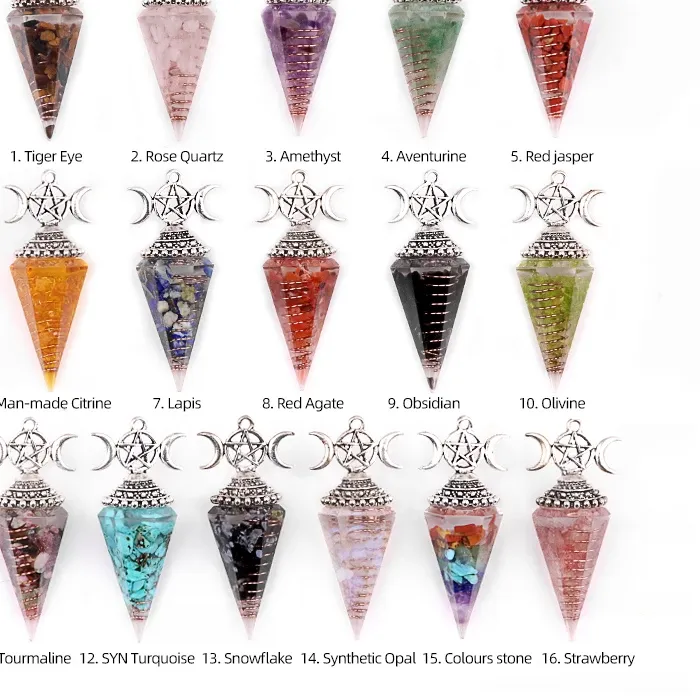 Authentic Hexagonal Pointed Stone Moon Pendulum for Divination Dowsing Resin Chip Gemstone Reiki Healing Chakra Pendant Wiccan Witchcraft