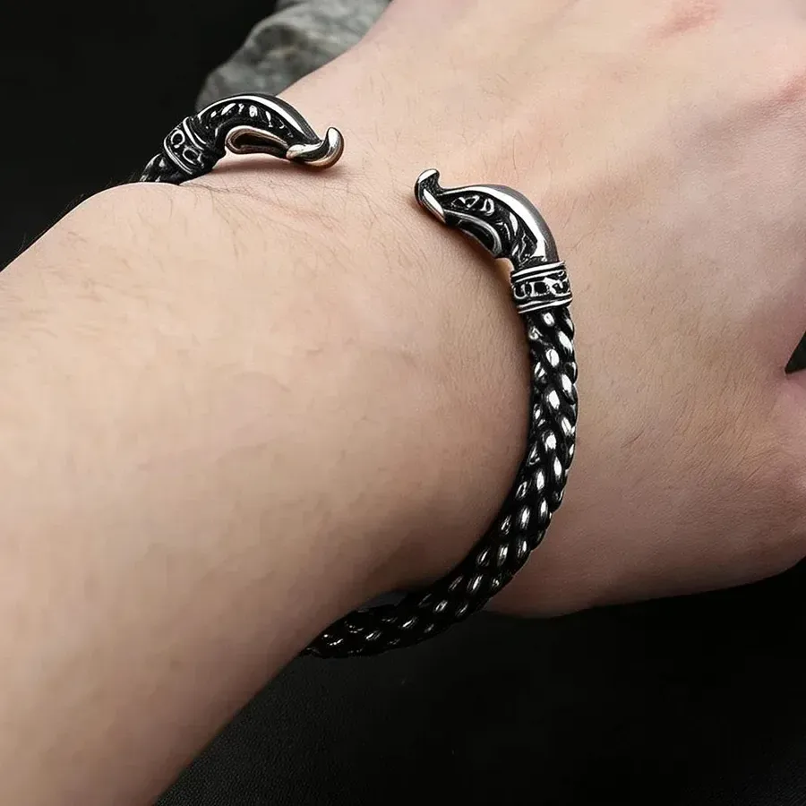 Authentic Vintage Viking Dragon Head Open Cuff Bangle Norse Ouroboros Punk Biker Amulet Adjustable Jewelry for Men And Women