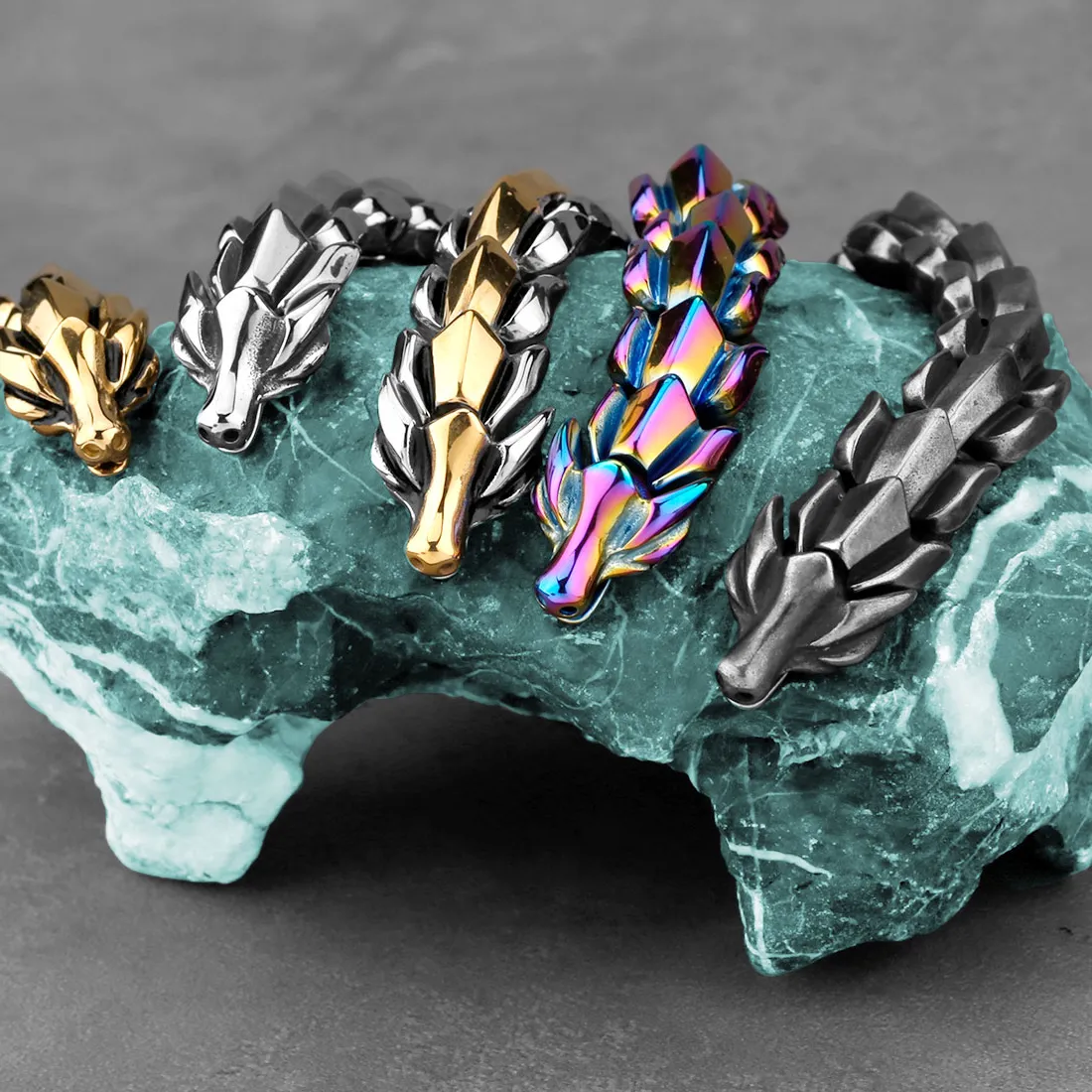 Authentic Nordic Vikings Ouroboros Bracelet Men's Punk Hip Hop Metal Dragon Bone Chain Wristband Biker Bangle Jewelry