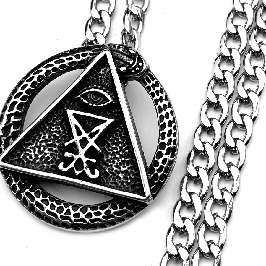 Authentic Sigil Church of Satan Evil Eye Ouroboros Triangle Pendant Necklace for Men Seal of Lucifer Gothic Chain Jewelry
