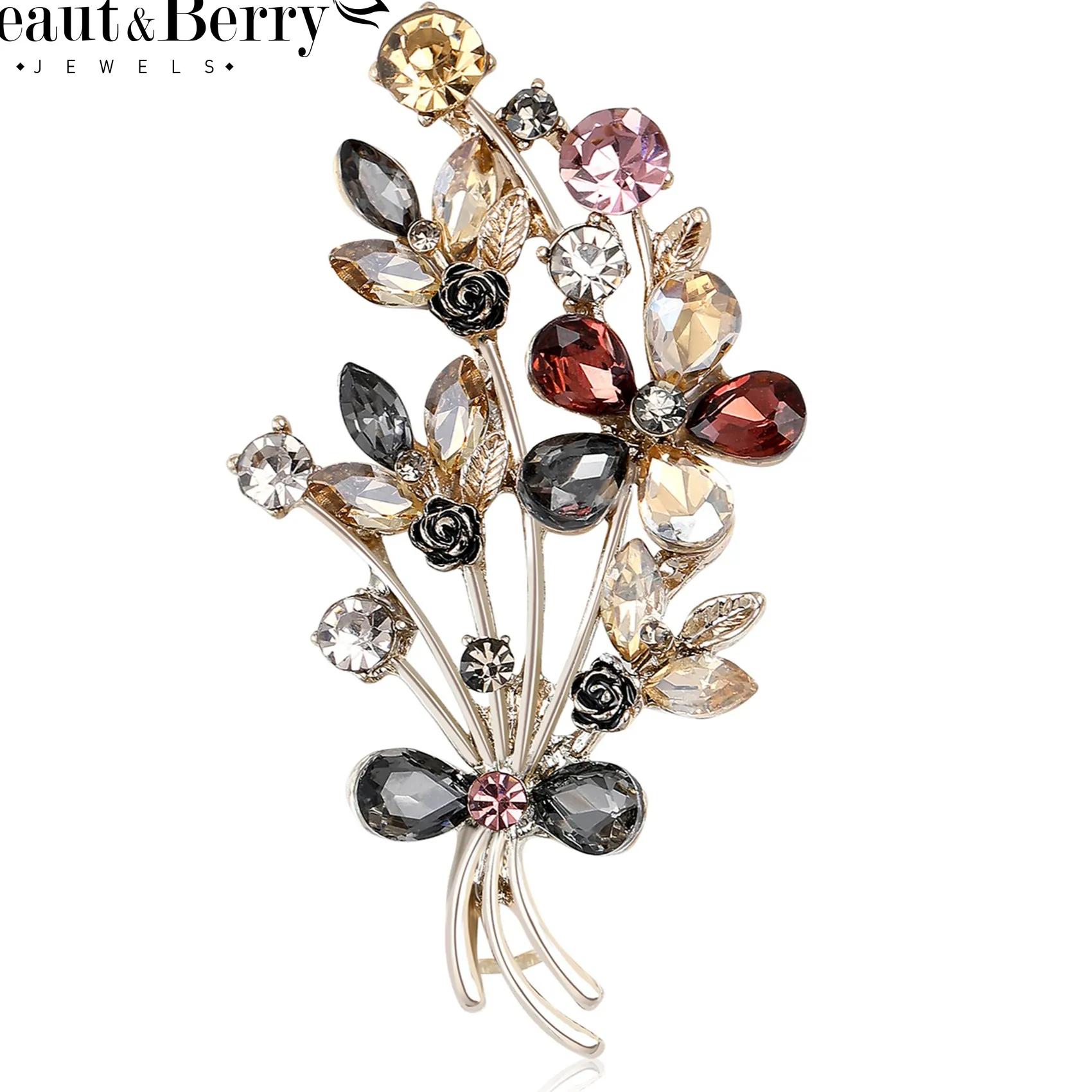 Authentic Beaut&Berry Trendy Rhinestones Bouquet Brooches for Women Flower Pins Casual Party Jewelry Accessories Decoration