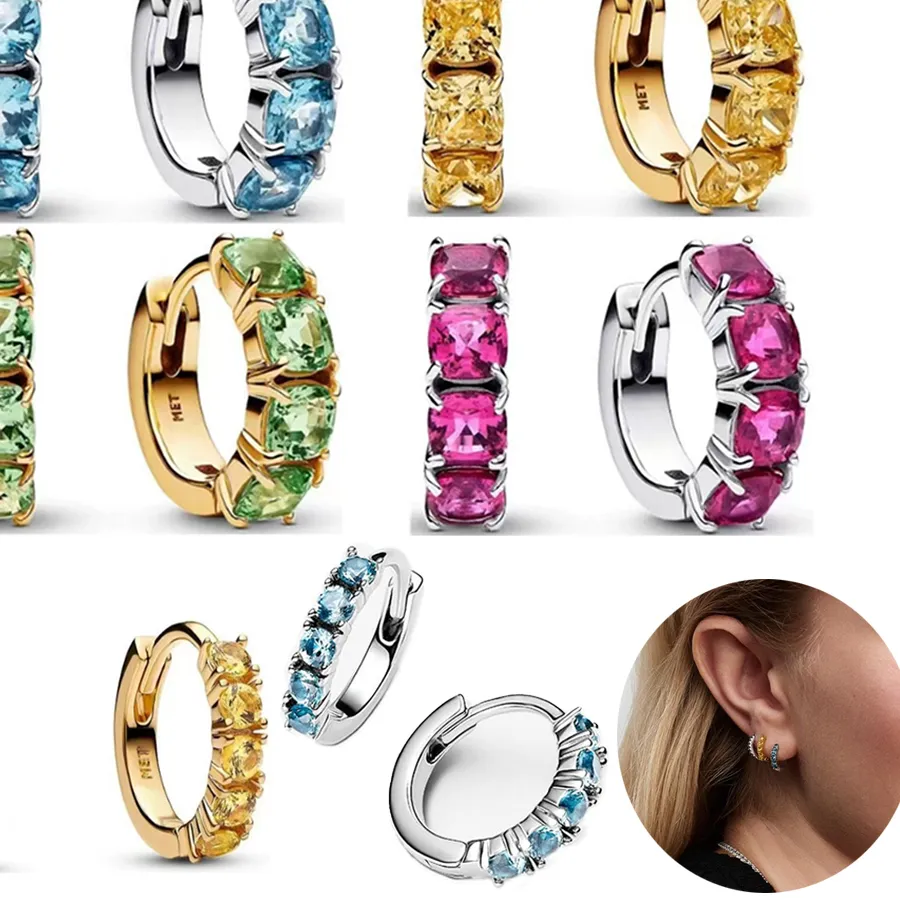 Authentic Sparkling 925 Sterling Silver Rose Red&Blue&Yellow&Green Natural Zircon Earrings Ladies' Gathering Jewelry