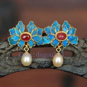 Authentic Jingtai Blue Gold Plated Peony Pearl Earrings with Classical Hanfu
