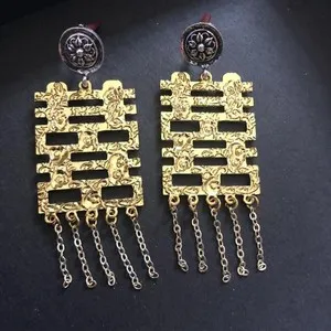 Authentic Chinese Bridal Double Happiness Stud Earrings Gold Plated Hanfu Qipao Accessory