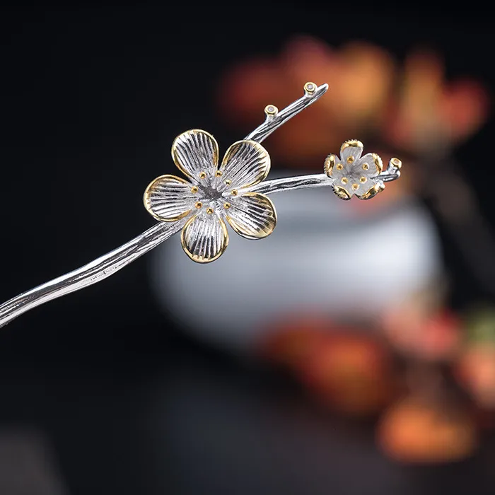 Authentic 925 Silver Glossy Peach Blossom Hair Jewelry Fresh Ethnic Style Sweet Flower Hairpin Classic Tiara Cheongsam Hanfu Accessories