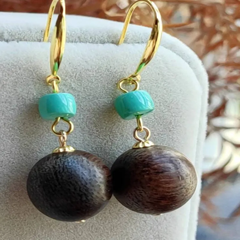 Authentic Chinese Vintage Wood Bead Turquoise Dangle Earrings Women Gold Hook Drop Earrings Oriental Ethnic Hanfu Boho Jewelry