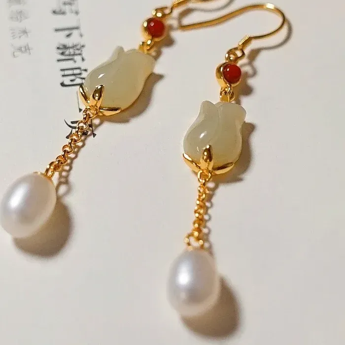 Authentic Natural Hotan Jade flowers pearl earrings for women vintage Ancient gold craft luxury Court style long Eardrop Hanfu jewelry