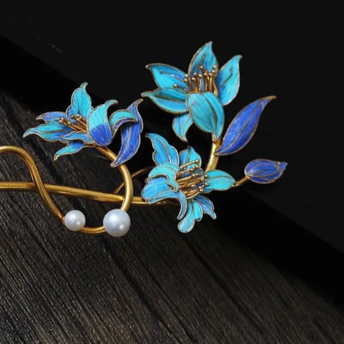 Authentic Light Luxury Enamel Pearl Hanfu Classical Elegant Refreshing Blue Lily Flower Tiara Accessories Qipao Hair Jewelry