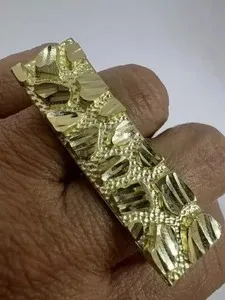 Authentic Men's Two Finger Stylish Ring Rectangular Nugget 14K Yellow Gold Plated