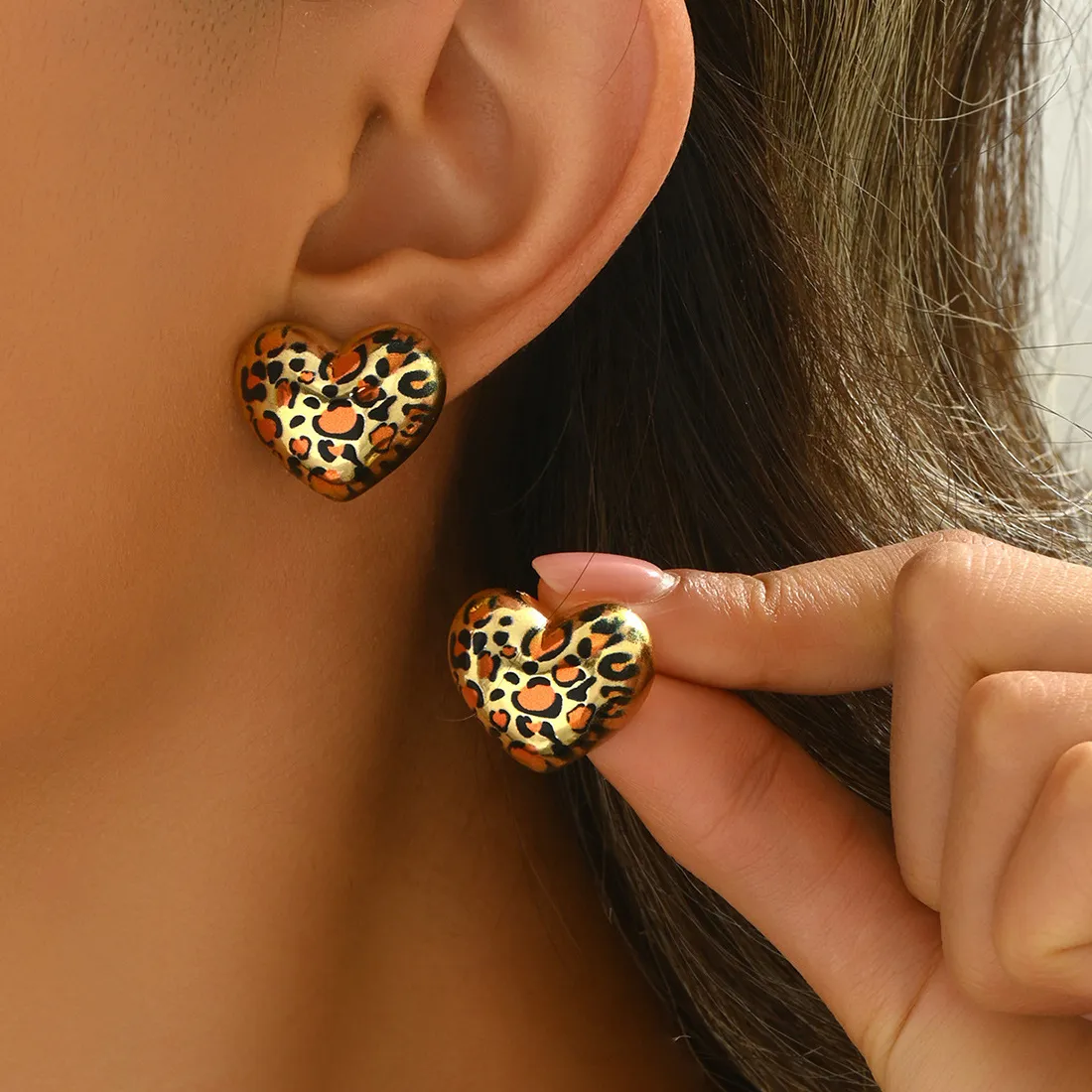 Authentic LATS Stud Earrings for Women Heart Shape Leopard Print Temperament Metal Ear Accessories Holiday Party Jewelry