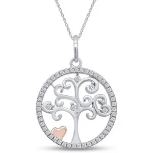 Authentic 2/5 Ct Two Tone Tree of life Heart Pendant Necklace Lab Grown Diamond Sterling
