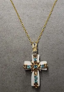 Authentic Gems En Vogue 24k Gold Plated Teal Dauphin Apatite Cross Necklace 18"+2"