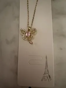 Authentic 14K Gold Plated Pink Butterfly Charm Necklace With Silver Gems