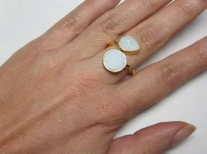 Authentic ! Marz Gems Gold Plated Sterl. Silver White Druzy Gemstone Adjustable Ring