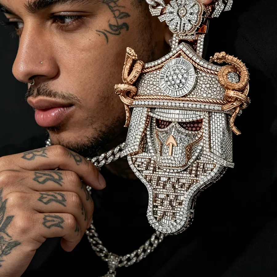 Authentic Iced Out Skull Pendant 18K Gold Plated Cubic Zirconia Hip Hop Necklace Accessories for Men Warrior Kabuto Helmet Design With Coiled Snake Upward Arrow Charm Bling Accessory Rapper Streetwear Party Daily Wear Luxury Gothic Fine Jewelry For Him Husband