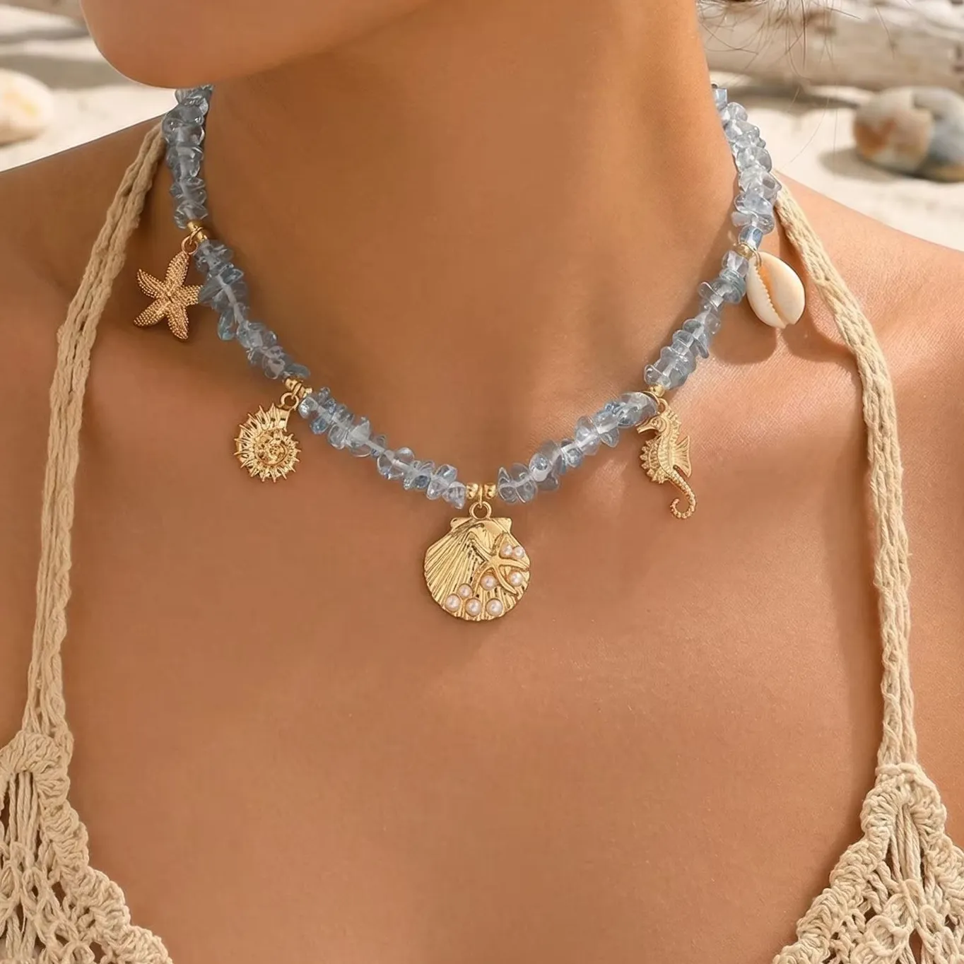 Authentic Celestial Oceanic Talisman: Gold‑Plated Blue‑Stone Starfish & Seahorse Necklace