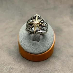Authentic 925 Sterling Silver Sailor Compass Ring. 14k Gold Plated Compass Rose. 7 mm Band
