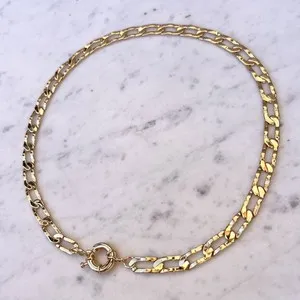 Authentic 18K Gold Plated Handmade Figaro Flat Link Chain Sailor Clasp Womens Necklace