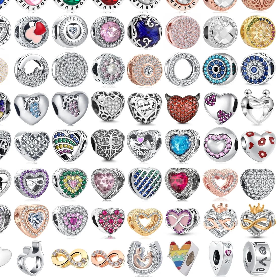Authentic 925 Sterling Silver Heart Round Crystal Charms Beads Infinity Love Crown Family Tree Rainbow Mother Child DIY Women Jewelry