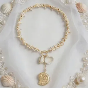 Authentic Boho Shell Conch Gold-plated Hangling Starfish Cluster Choker Necklace OT Buckle