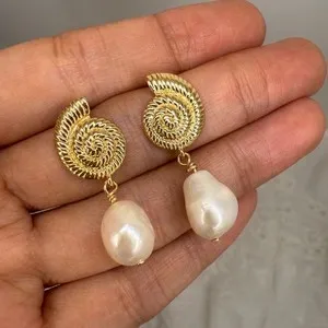 Authentic Radiant Tide 14K Gold Plated Freshwater Pearl Conch Drop Earrings