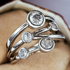 Authentic Woman White Gold Plated Sparkling CZ Multiple Layers Geometry Band Ring