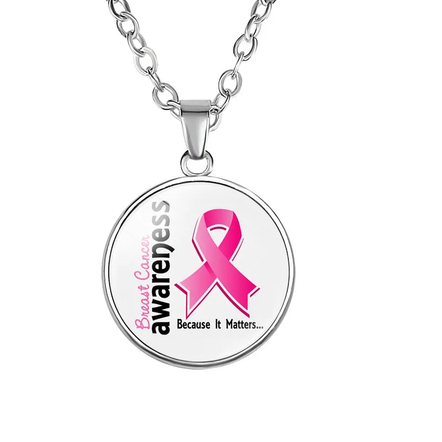Authentic Breast Cancer Awareness Hope Necklaces Pink Ribbon Glass Cabochon Pendant Jewelry