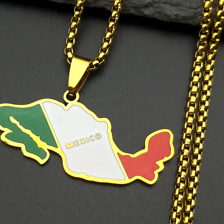 Authentic Mexican Flag Map Pendant Necklace Gold Color Country Faith Male Neck Chain Jewelry Accessories