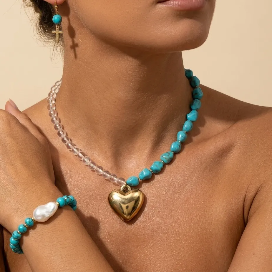 Authentic 3pcs Turquoise Stone Bead Necklace Earrings Bracelet Set 18K Gold Plated Heart Cross Boho Vacation Jewelry for Women