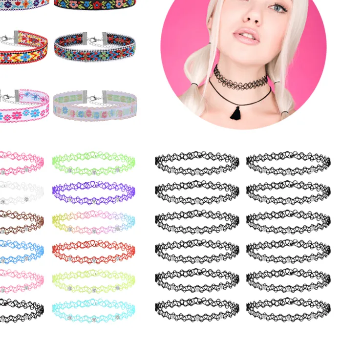Authentic ZS 6/12pcs Vintage Tattoo Choker Necklace Set for Women Girls Elastic Chain Necklace Colorful Punk Gothic Stretch Necklace Lace