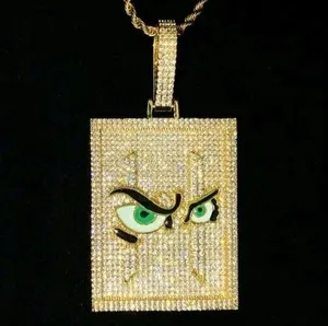 Authentic Celestial Guardian Anime Eyes Dog Tag Pendant in Radiant 14K Yellow Gold Plated Sterling Silver with 3 Carat Round Cut Real Moissanite