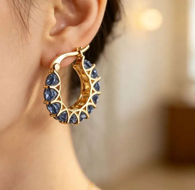 Authentic Celestial Leaf & Sapphire Tear Huggie Hoops