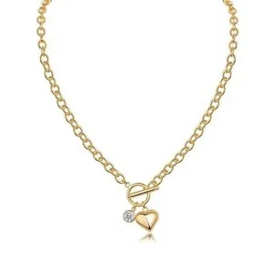 Authentic S925 Sterling Silver Toggle Chain Necklace 18K Gold Plated Heart Moissanite Jewe