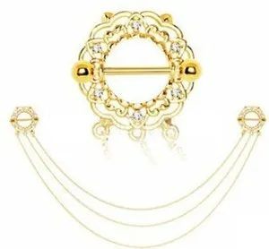 Authentic Nipple Ring Bars Gold Plated Triple Chain Floral Nipple Shields Sold as pair