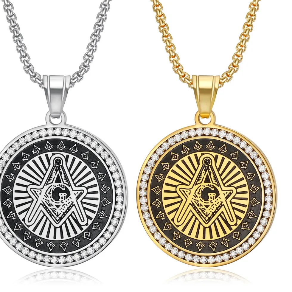 Authentic Punk Mystic Masonic Symbol Pendant Gold Silver Color Zirconia Round Necklace for Woman Man Master Mason Jewelry