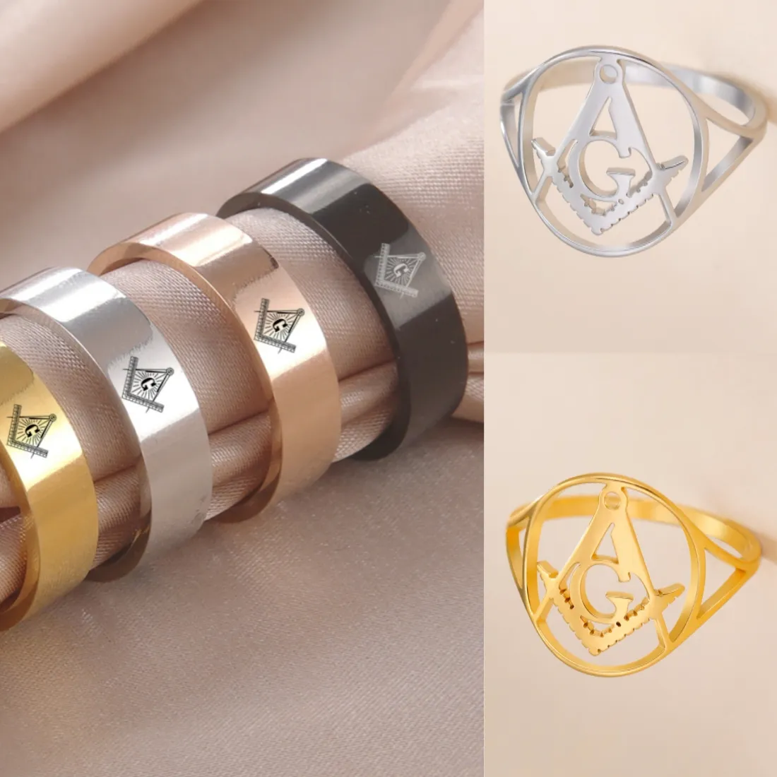 Authentic LIKGREAT Vintage Freemason Gifts Masonic Finger Ring for Women Men Master Mason Gold plated Jewelry