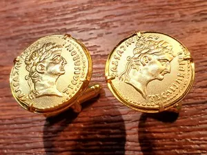 Authentic Ancient Roman Emperor Tiberius Gold Plated Rome Coin Cufflinks + Box!